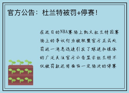 官方公告：杜兰特被罚+停赛！